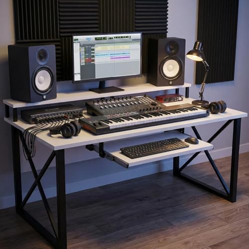 Image of FFO Music Studio Desk | Music Studio Desk with Keyboard Tray | Workstation,Laptop PC Computer, Music Instrument Table for Music Producers | (White) | (120L x 60W x 87H CM) | (DIY)