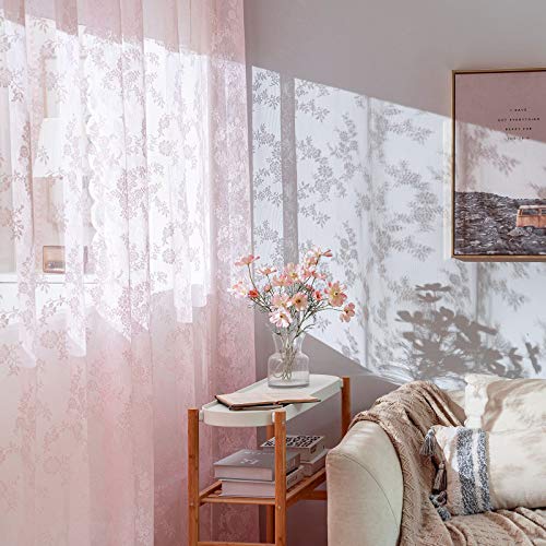 MIULEE 2 Panels Curtains Sheer Lace Curtain Panel Lace Embroidered Sheer Flora Design Grommet Window Voile Panels Drape Treatment Home for Bedroom Living Room 150 x 225 cm 59" Wx 88" L Pink - Image 4