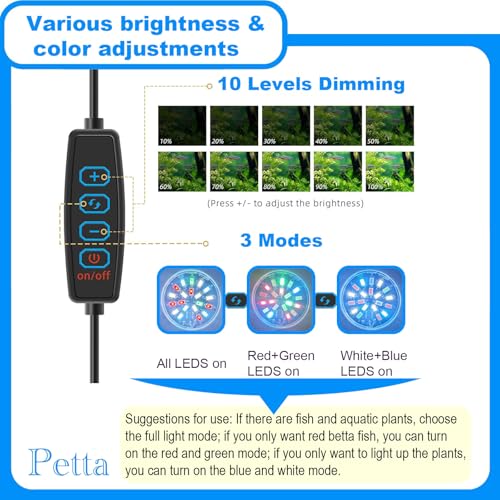 Image of Upgrade Clip On Aquarium Light for 1-3 Gal Fish Tank, USB Betta Fish Light for Nano /Small /Planted Tank(Dimmable White+Blue+Red+Green LED) Adjustable Brightness,Timer
