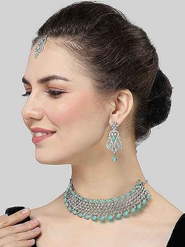 Image of Karatcart Light Green American Diamond Silver Plated Choker Necklace Set for Women