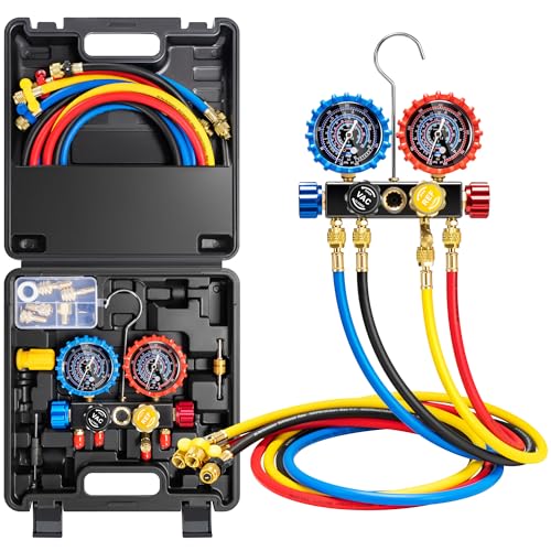 VIVOHOME HVAC Manifold Gauge Set for R410a R454B R32 R22 Refrigerant 4 Valve Residential Household AC Gauges with 5ft Hoses for Freon Charging and Evacuation