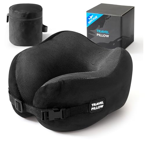 Image of Neck Pillow Travel Pillow - 100% Pure Memory Foam Airplane Pillow with Adjustable Clasp & Removable Cover, Portable Travel Essentials for Long Flights, Car & Office (Black)