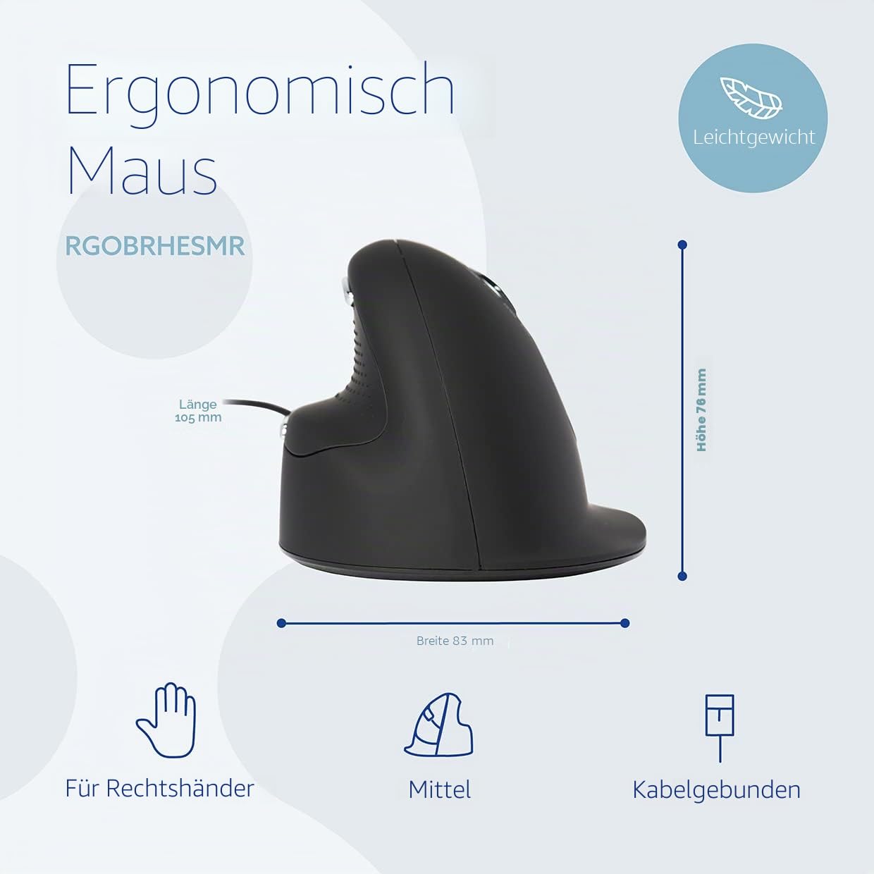 R-Go HE Break Ergonomische Maus, Vertikale Maus mit Anti-RSI-Software, Mittel (Handlänge 165-185mm), 5 Tasten, 500-1500-2000-3500DPI, Kompatibel mit Windows/MacOS