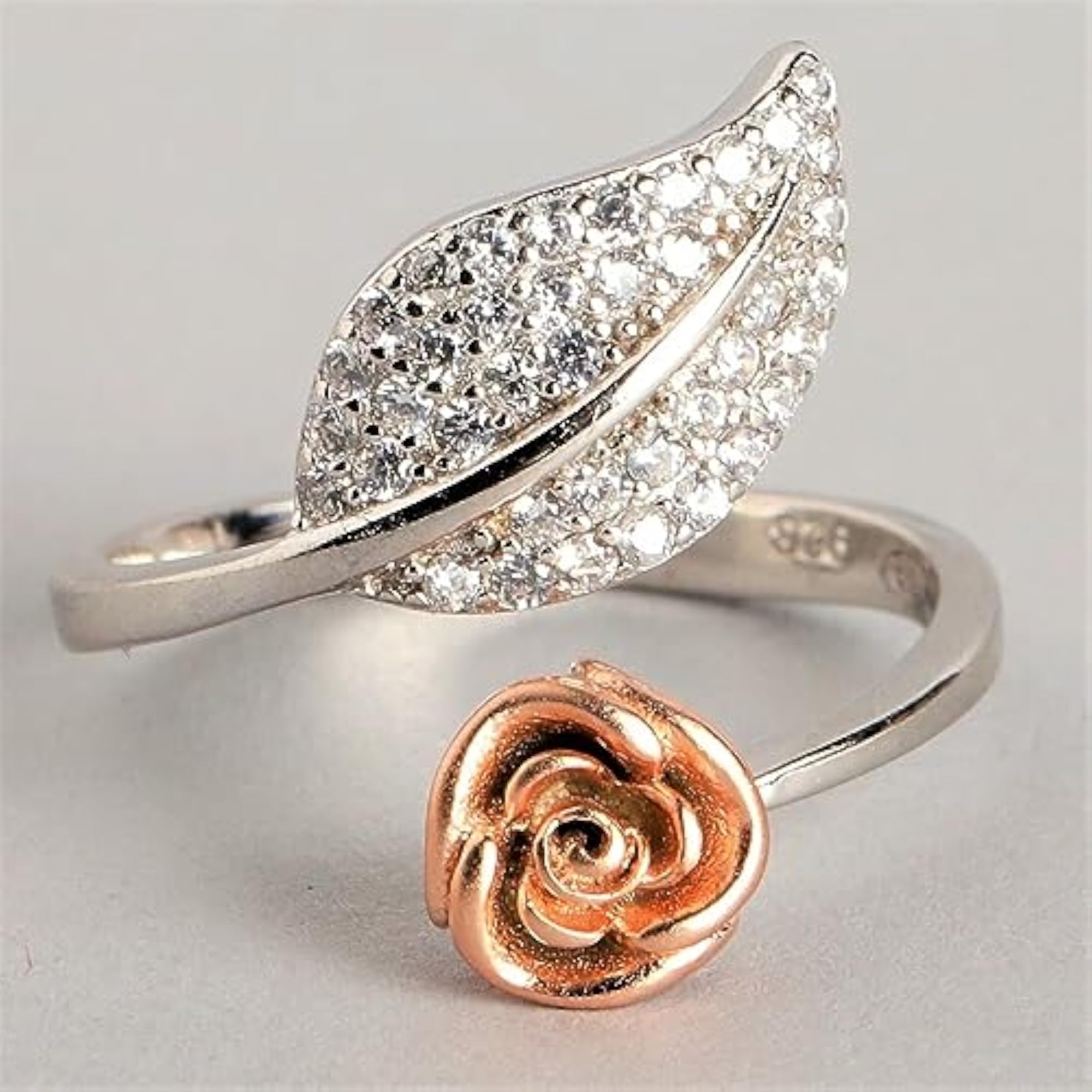 Women's 925 Sterling Silver CZ Rose and Leaf Adjustable Ring