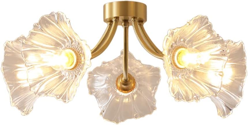 ADYOLTB 3 Light Decoration Vintage Copper Glass Ceiling Light Lotus Flower Close To Ceiling Light Fixtures Brass Sputnik Chandelier Mid Century Modern Lighting For Bedroom Living Room Dining Room