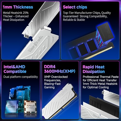 Image of KingBank Computer Desktop Memory Ram DDR4 16GB(2x8GB) 3600MHZ CL18 1.35V XMP2.0 Overclocking with Heatsink for PC Gaming /Office /PS,Silver