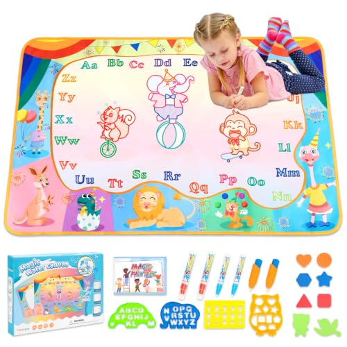 Funsland Water Doodle Mat for Kids - Toys Reusable 110X70cm Aqua Drawing Mat with 6 Magic Pens Girls Boys Gifts Age 3-7 Year Old Kids