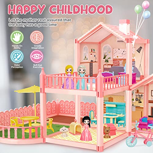 Image of deAO Dollhouse with Furniture and Accessories, Dollhouse with 2 Floors, 3 Bedrooms, Balcony, 3 Dolls, 17 Furniture, Bicycles, Gift for Girls for 3 4 5 6 7 8 Years