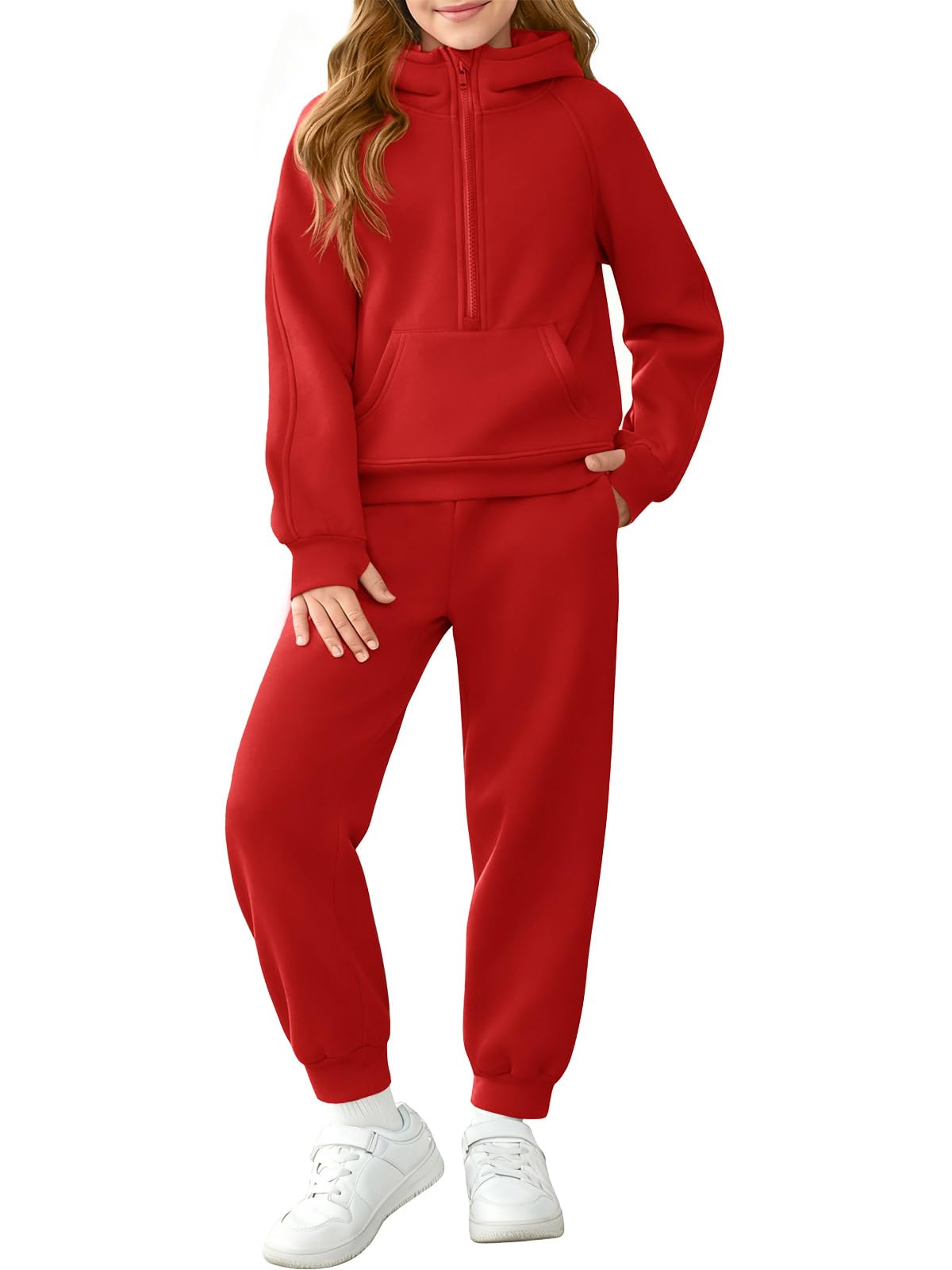 Tuta da bambina in pile con mezza zip, felpa e pantaloni della tuta con tasche