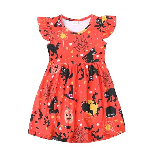 Halloween Thanksgiving Toddler Girls Dress Pumpkin Spider Ghost Print Dresses Short Sleeve 2-8Y