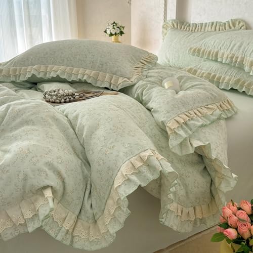 Image of VM VOUGEMARKET Ruffle Duvet Cover Set Twin,Vintage Sage Green Floral Duvet Cover with Romantic Ruffles,Double-Layer Gauze Cotton Bedding Set,Comfy,Breathable & Lightweight for Teen Girls-68 x86