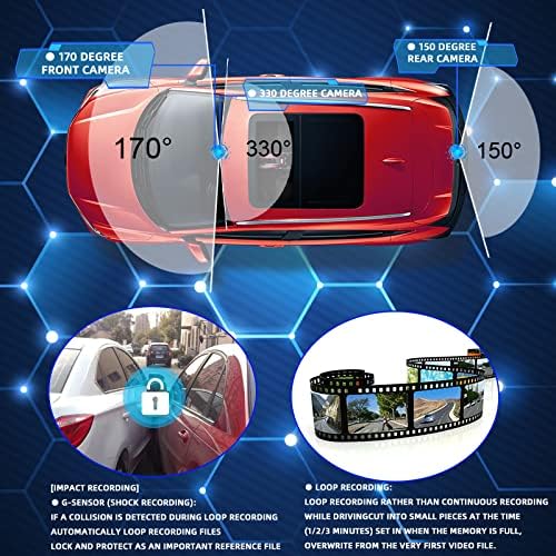 Diagram showing the wide viewing angles of the front (170 degrees), internal (330 degrees), and rear (150 degrees) cameras.