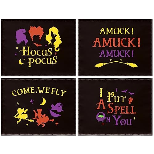Halloween Hocus Pocus Placemats for Dining Table 12 x 16 Inch Witches Amuck I Put a Spell on You Table Mats Rustic Washable Dinner Mats Set of 4