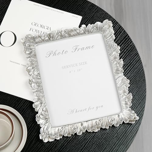 8x10 Picture Frame Silver, Vintage Silver Palm Leaves Textured Hand-Crafted Resin with Glass Front, Elegant Retro Design Photo Frame for Wall and Tabletop Display Home Decor