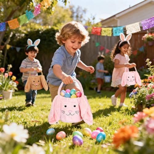 Easter Bunny Basket for Kids, Fluffy Easter Egg Hunt Bag Soft Fabric, Cute Rabbit Tote Bags with Long Plush Ear Easter Tote Bags for Candy Gifts Storage (Pink) - 1