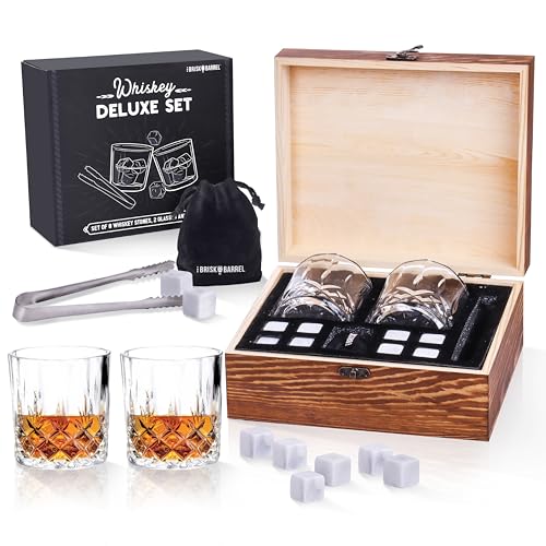 The Brisk Barrel Whiskey Glass Gift Set with Whiskey Stones, Two Pcs of Glasses, Tongs, Including Microfiber Pouch Inside a Wooden Box Perfect for Liquor Bourbon for Husband, Men