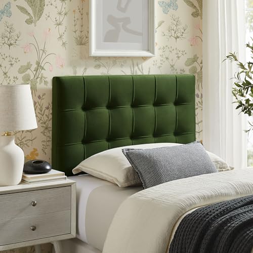 Image of Modway Lily Twin Size Stain-Resistant Performance Velvet Headboard in Moss Green - Velvet Upholstery with Button Tufting and 4 Adjustable Height Positions