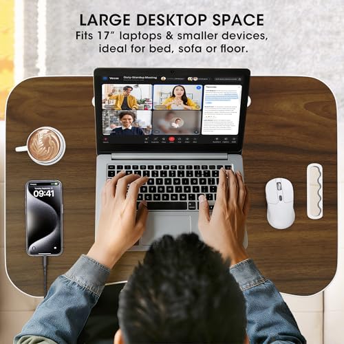 Image of Folding Lap Desk, 23.6 Inch Wood Laptop Bed Desk with Cup Holder, Portable Bed Table for Working Writing Reading, Eating for Bed, Floor, Sofa, Couch - Brown