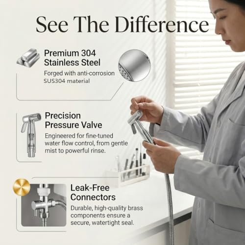 Handheld Bidet Sprayer for Toilet, Stainless Steel Metal Made Baby Cloth Diaper Spraying Kit, Bathroom Toilet Bidet Attachment Set for Bathing Pets and Feminine Hygiene (1, Chrome) by BARROCK - Used condition - Image 6