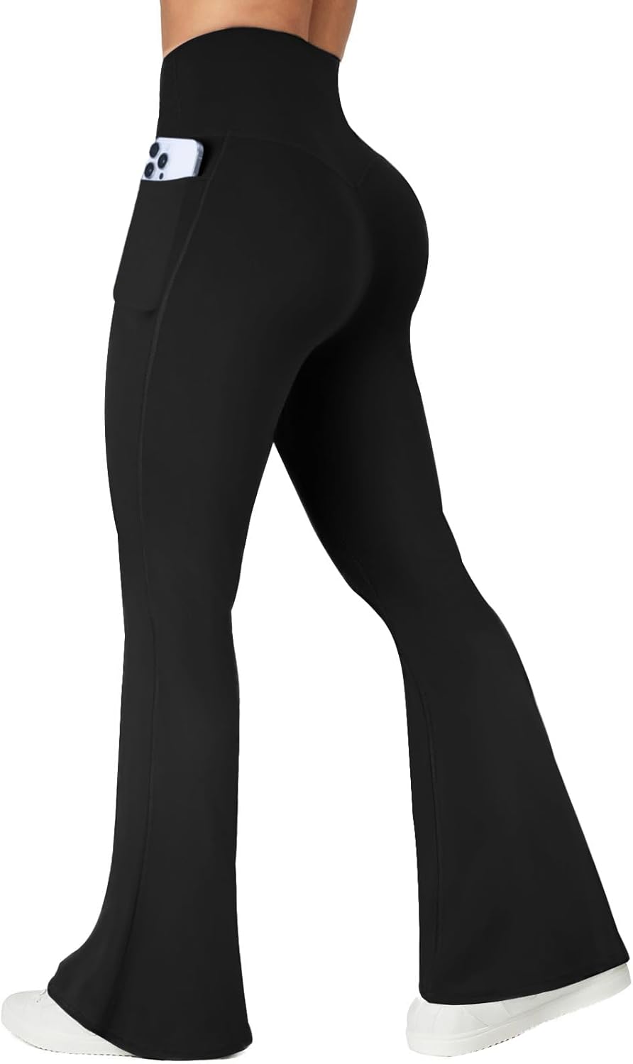 Flare Leggings with Pockets for Women Seamless Crossover Yoga Pants with Tummy Control Bootcut Work Pants Trendy