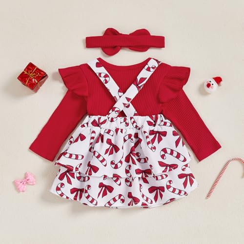 Cute Infant Newborn Baby Girl Christmas Outfit Long Sleeve Ribbed Romper Santa Bow Layered Suspender Skirt Set 3Pcs2
