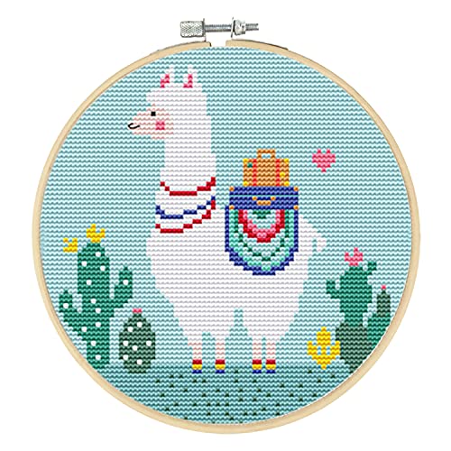 Lonwiner Kit de broderie au point de croix en alpaga avec motif alpaga pour loisirs créatifs, épingle à nourrice, facile à utiliser, mini kit de broderie en alpaga