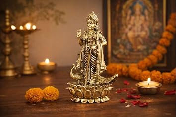 BEXCO Lord Murugan Kartikeya Brass Statue Height 4.5" Inch Approx. Antique Finish Hindu Deity Skanda Murti with Peacock & Lotus Base Detailed Subramanya Idol for Home Mandir, Office & Gifting.