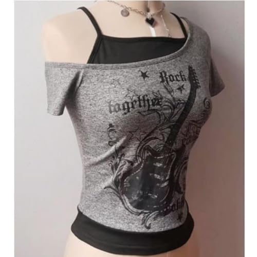 Emo Grunge Shirts Women Graphic Baby Tees Fake Two Piece Short Sleeve Vintage Y2k Crop Top Goth Alt Clothes, Grey Black, S