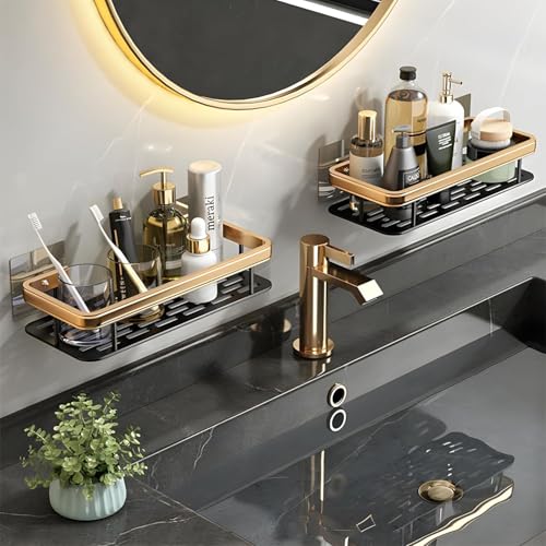 Perpetual Self - Adhesive Bathroom Shelf For Wall, Multipurpose Wall Mounted Bathroom and Kitchen Organiser Without Drill, Space Saving Stand For Bathroom And Kitchen Wall (Pack Of 2) Gold