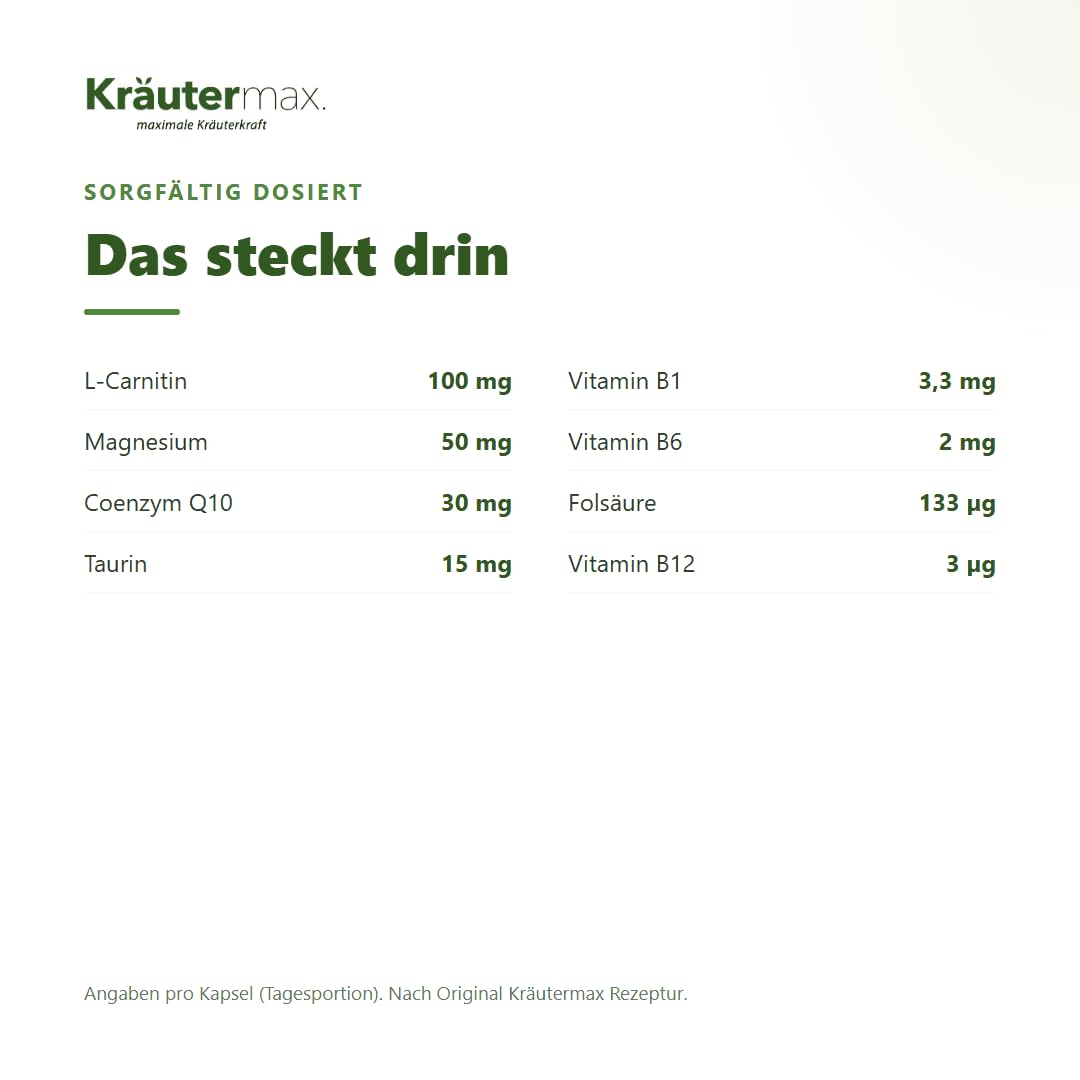Kräutermax Energie plus Kapseln, Energie Komplex mit B Vitamine, Magnesium, L-Carnitin, Q10, Taurin, Hochdosiert, 75 Stück