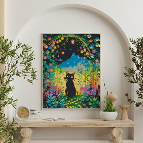 Image of Black Cat Stamped Cross Stitch Kits for Adults Beginners, Animals DIY Counted Cross Stitch Kit Printed Flowers Patterns Dimensions Needlepoint Art Crafts Embroidery Kits for Home Wall Decor