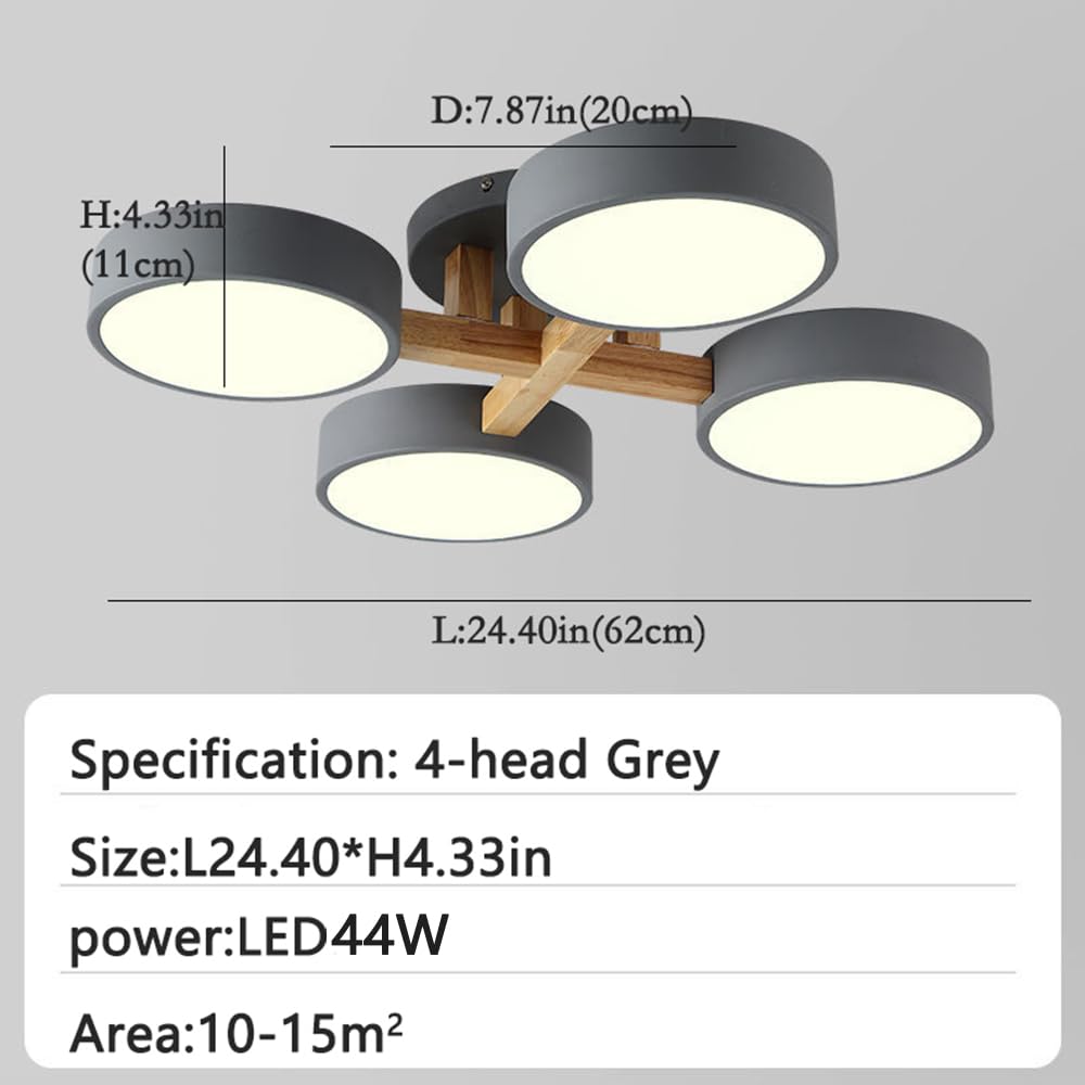 Lampa sufitowa LED, 4 światła, 61 cm, nowoczesna, podtynkowa, drewniana, 44 W, do salonu, sypialni, kuchni, kuchni, ściemniania, regulowana temperatura barwowa, szara