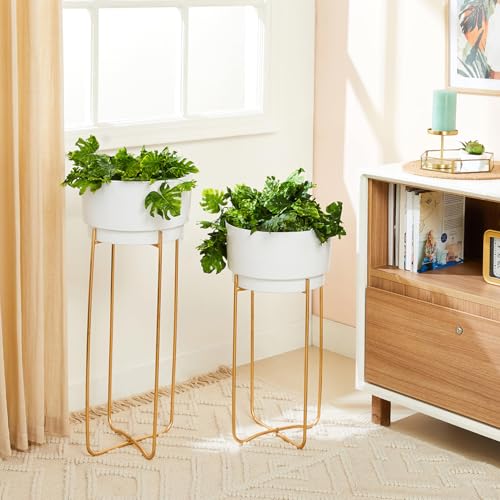 Image of amazon basics Metal Planter Flower Pot with Stand (Set of 2) | for Home Decor | (Medium) (White and Gold Finish)