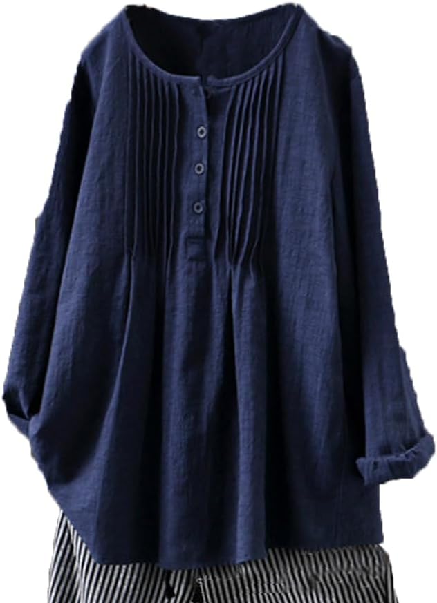 Akivide Women's Plus Size Baggy Linen Shirt Loose Long Sleeve Button Up Blouses Tunic Tops Beach Clothes