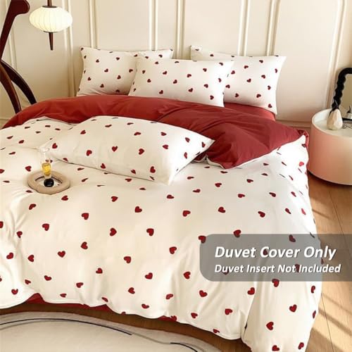 Image of Heart Duvet Cover Set King Red White Heart Bedding Set Reversible,Microfiber Comforter Cover Sets Striped Includes 1 Duvet Cover and 2 Pillow Shams
