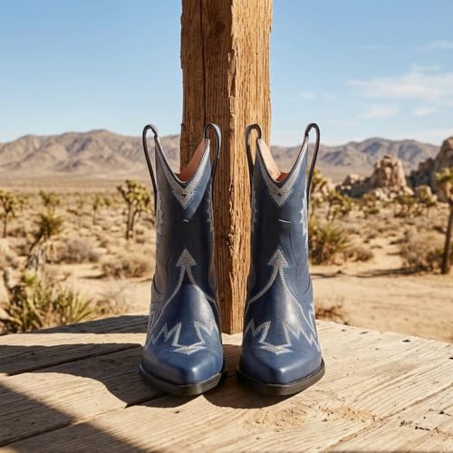Image of HOCHFART Women's Western Ankle Cowboy Boots Chunky Pointed Toe Wide Calf | Metallic PU-Leather, Embroidered, Pull-On, Concert, Festival, Rodeos, Party, Daily Wear, All-Day Comfort