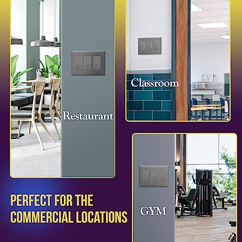Image of ENERLITES Triple Decorator Switch Cover, Three Gang Outlet Wall Plate, Gloss Finish, Mid-Size 3-Gang 4.88 inch x 6.77 inch, Unbreakable Polycarbonate Thermoplastic, UL Listed, 8833M-GY, Gray