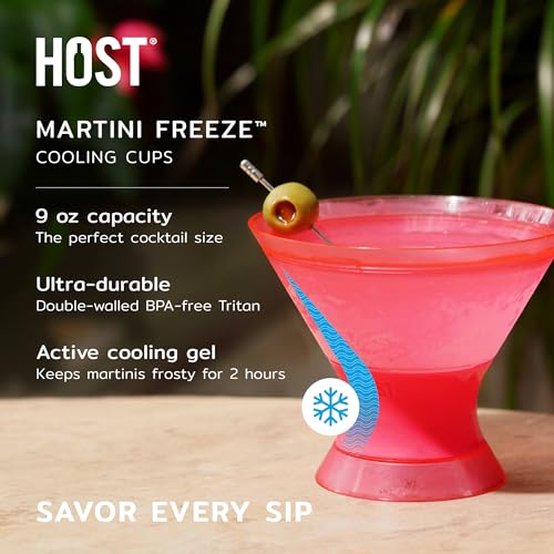 Image of HOST Freeze Insulated Martini Cooling Cups, Plastic Freezer Gel Chiller Double Wall Stemless Cocktail Glass Set of 2, 9oz Punch Pink