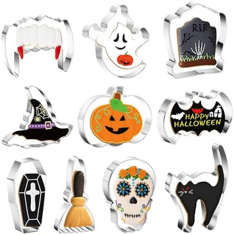 10PCS Halloween Cookie Cutters Set - Skull Bat Candy Corn Pumpkin Ghost Cookie Cutter Shaped, Holiday Stainless Steel Halloween Cookies Cutters Metal Baking Cutter Molds for Party Decorations Cover