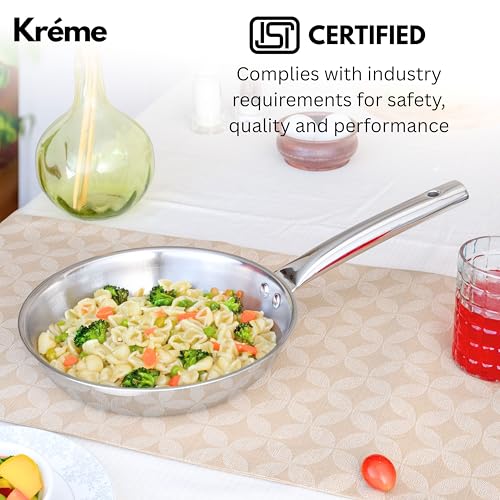 Image of Kreme Platina Triply Stainless Steel Cookware Set 3 Pc - Superior Finish, Cool Grip Handle, Induction Compatible | 100% Non-Toxic, Nickel-Free | Frypan 1.45 L + Kadai 2.2 L with Lids