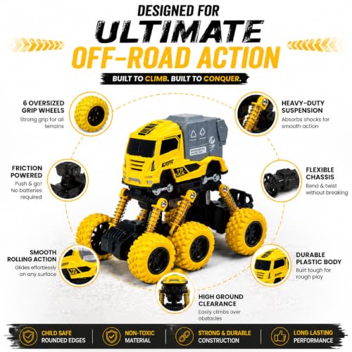 Image of Die Cast Monster Truck Toy for Kids | Heavy Duty Vehicle with Big Wheels | Strong Metal and ABS Plastics Build | Action Packed Push Play Truck | Gift Choice Yellow Colour