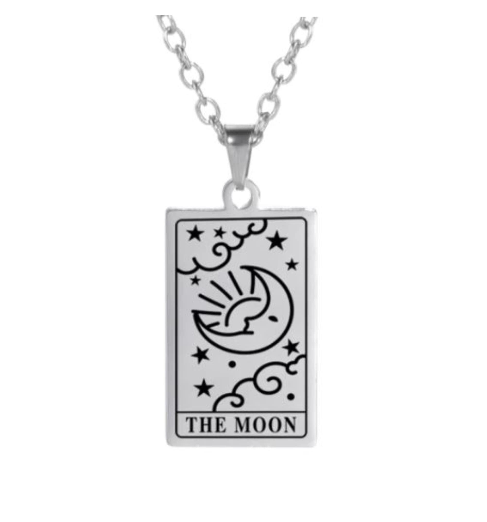 Collana Con Ciondolo Luna E Tarocchi – Acciaio Inossidabile – In Sacchetto Di Organza, Regalo Esoterico