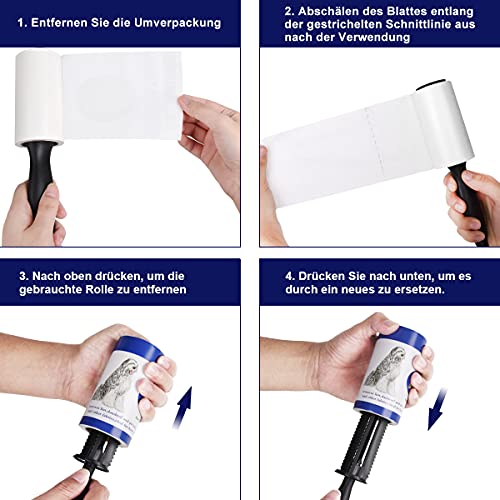 Vabaso 330 Blätter Extra Klebrig Fusselrolle mit 2 Ersatzrollen für Kleidung, Sofa, Bett und Teppich - Fusselroller für Tierhaare, Katzenhaare, Hundehaare Staub & Fussel, ca. 46,2m, 110 Blatt/Rollen