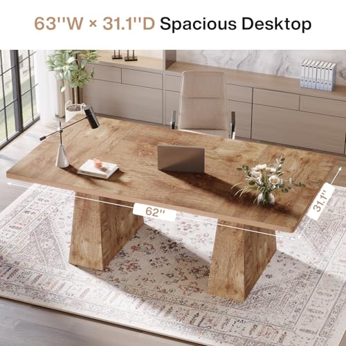 Image of Tribesigns 63-Inch Executive Desk, Large Office Computer Desk with Double Pedestal, Modern Simple Workstations Writing Table Conference Table Business Furniture for Home Office, Natural