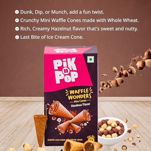 Image of Pik n Pop Hazelnut Mini Waffle Cones, Crispy Cones with Creamy Hazelnut Filling, Whole Wheat, Non-Meltable Ready-to-Eat Snack, 100% Eggless, 70g (Pack of 3)