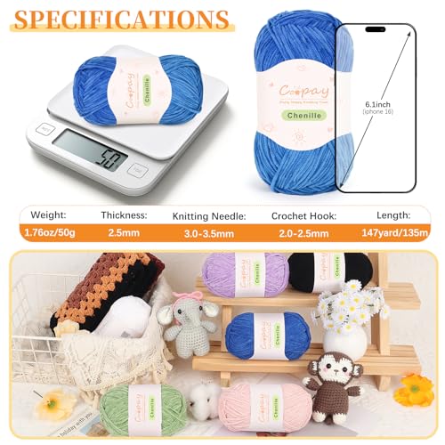 Image of Coopay Skinny Chenille Yarn for Crocheting and Knitting, 12 Pack of 50g /1.76oz - 1764yd Total, Crochet Yarn of Light Weights - Suitable for Baby Blankets, Plush Toys, Garments - Super Soft (Blue)