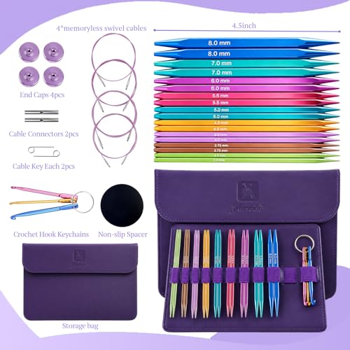 Image of Yarniss 9 Pairs Square Circular Knitting Needles Set US 2.5~11, Interchangeable Knitting Needles Set,4.5 inch Aluminum Cubic Tips with 4 Flexible Cables&Storage Case