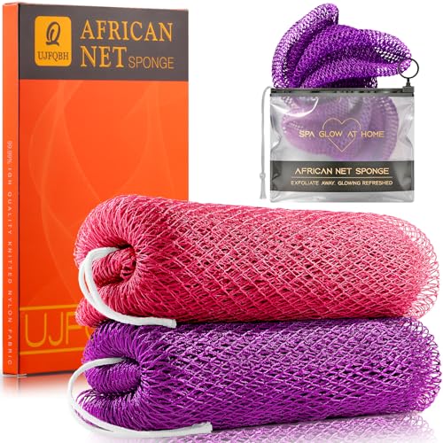 Image of UJFQBH African Net Sponge Authentic 2-Pieces Exfoliating Body Scrubber for Shower & Bath, Deep Cleansing Lather for Dead Skin Removal, Back Scrubber for Women & Men (Pink 、Purple