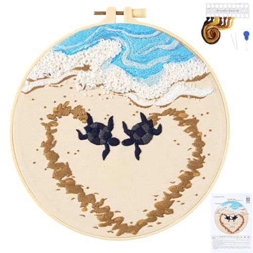 Image of Crafmanoe Beach Embroidery Kits for Beginners Adults, Coastal Stamped Cross Stitch Kits for Beginners Adults, Hand Embroidery Needlepoint Starter Kits, Valentine's Day Gift for Women (Video Tutorial)