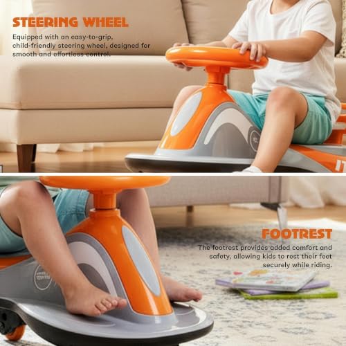 Image of Baybee Pluto Kids Swing Car | Twister Ride on Toy Car with LED Lights, Built-in Music & Scratch Resistant PP Wheels | Push Ride on Toy Kid Car | Magic Push Car for Boys & Girls 3-8 Years (Orange)